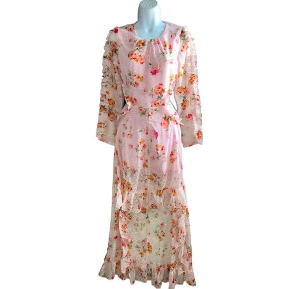 DARK PINK London Floral Print Ruffle  Waist Cut-out Long Sleeves Open Back Sz S - Picture 1 of 10